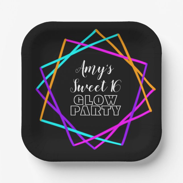 Sweet 16 Neon Glow In The Dark Bars Birthday Paper Plate (Front)