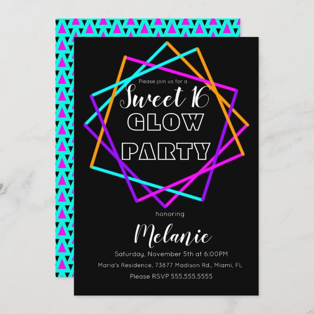 Sweet 16 Neon Glow In The Dark Multi Laser Invitation (Front/Back)