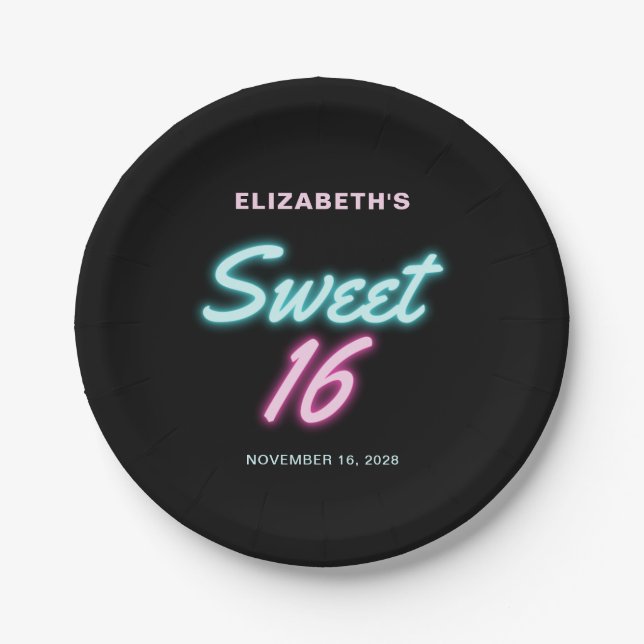 Sweet 16 Neon Lights Birthday Party Paper Plate (Front)