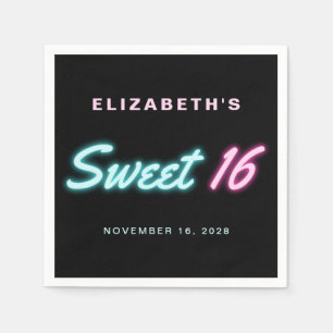 Sweet 16 Neon Lights Black Birthday Party Napkin