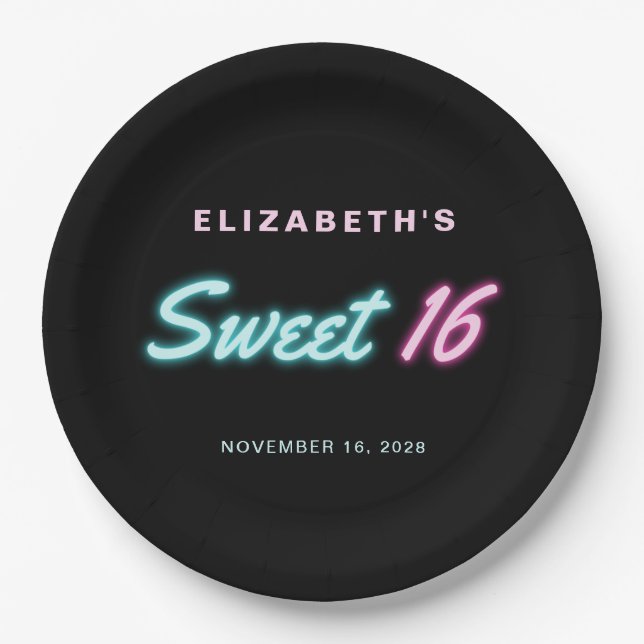 Sweet 16 Neon Lights Black Birthday Party Paper Plate (Front)