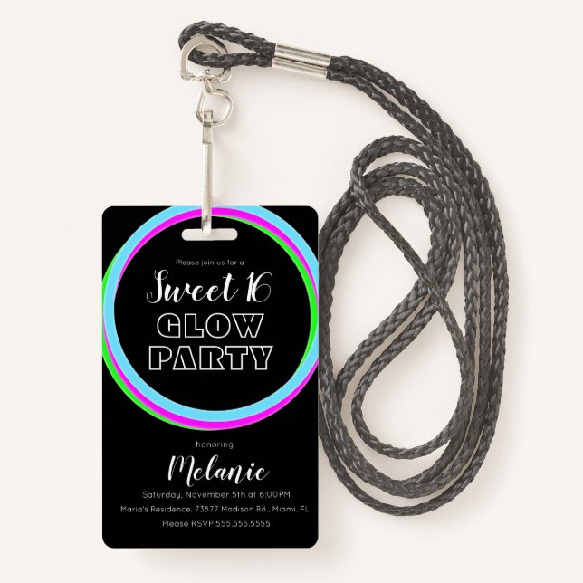Sweet 16 Neon Party Glow Birthday Pass ID  ID Badge (Front with Lanyard)