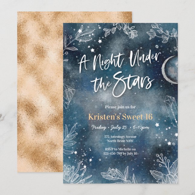 Sweet 16 Night under stars floral Party Invitation (Front/Back)