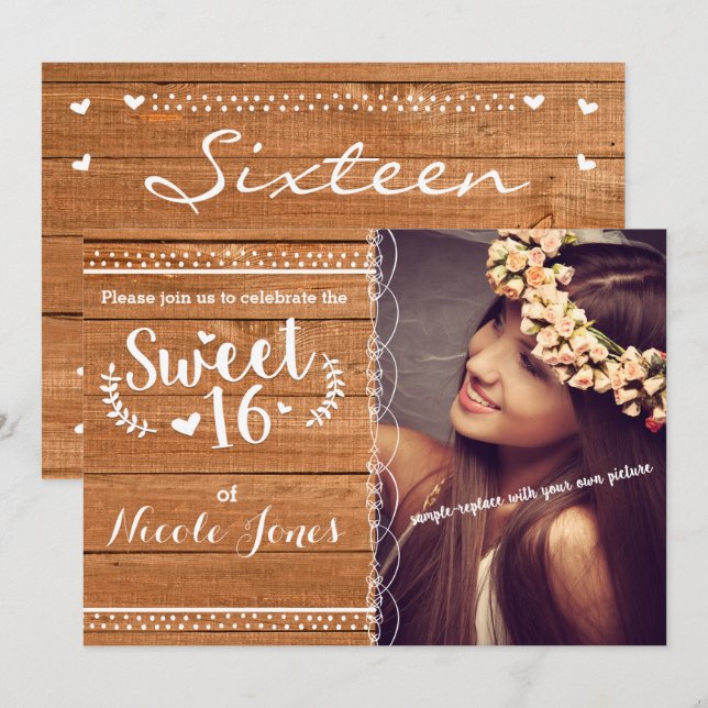 SWEET 16 Oak Wood Rustic Party Photo Invitation (Front/Back)