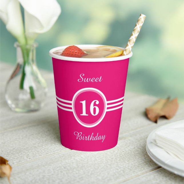 Sweet 16 on Pink Birthday Party Paper Cups (Insitu)