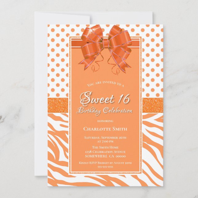 Sweet 16 Orange and White Party Invitation (Front)