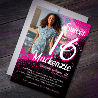 Sweet 16 Paint Splatter Photo Birthday Invitation