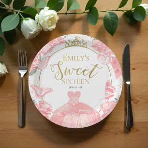 Sweet 16 Paper Plates Butterfly Pink Dress Floral 