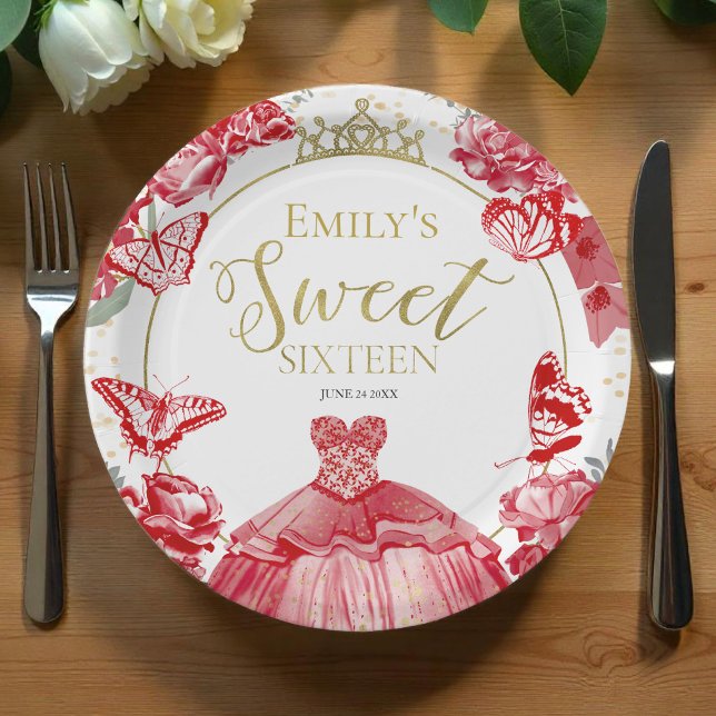 Sweet 16 Paper Plates Butterfly Red Dress Floral  (Creator Uploaded)