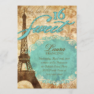 Sweet 16 Paris Invite Eiffel Tower Vintage Blue Te