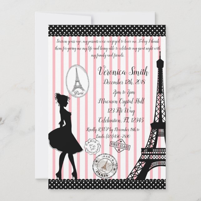 Sweet 16 Paris Passport Pink & Black Invitation (Back)
