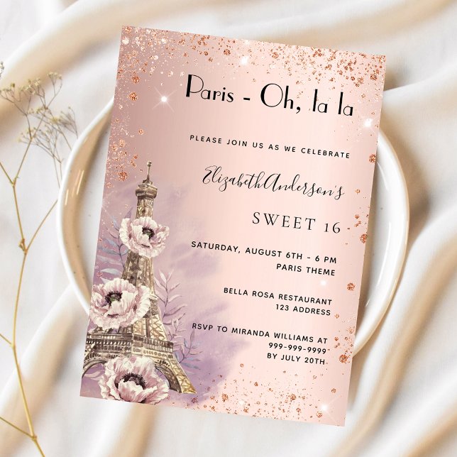 Sweet 16 Paris rose gold Eiffel tower Invitation (Creator Uploaded)