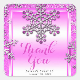 SWEET 16 Part Pink Glitter Glam Winter Snowflakes Square Sticker