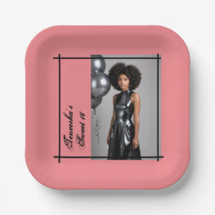 Sweet 16 Party  – Add Photo & Text, Pink & Black  Paper Plate