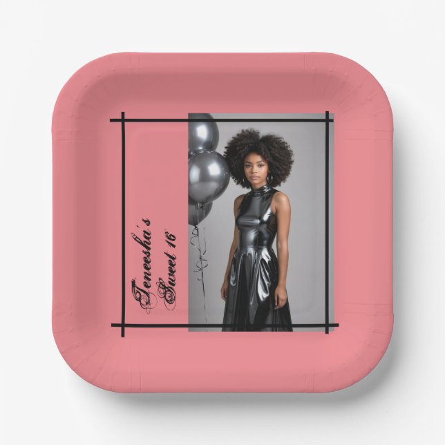 Sweet 16 Party  – Add Photo & Text, Pink & Black  Paper Plate (Front)