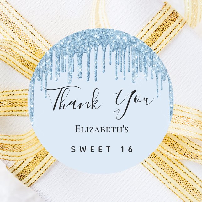 Sweet 16 party baby blue glitter Thank You Classic Round Sticker (Creator Uploaded)
