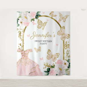 Sweet 16 Party Backdrop - Butterfly Floral Dress Tapestry