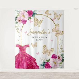 Sweet 16 Party Backdrop - Butterfly Floral Dress Tapestry