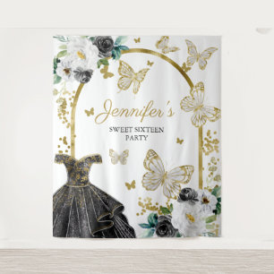 Sweet 16 Party Backdrop - Butterfly Floral Dress Tapestry