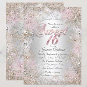 Sweet 16 Party Beige Pink Silver Winter Wonderland Invitation