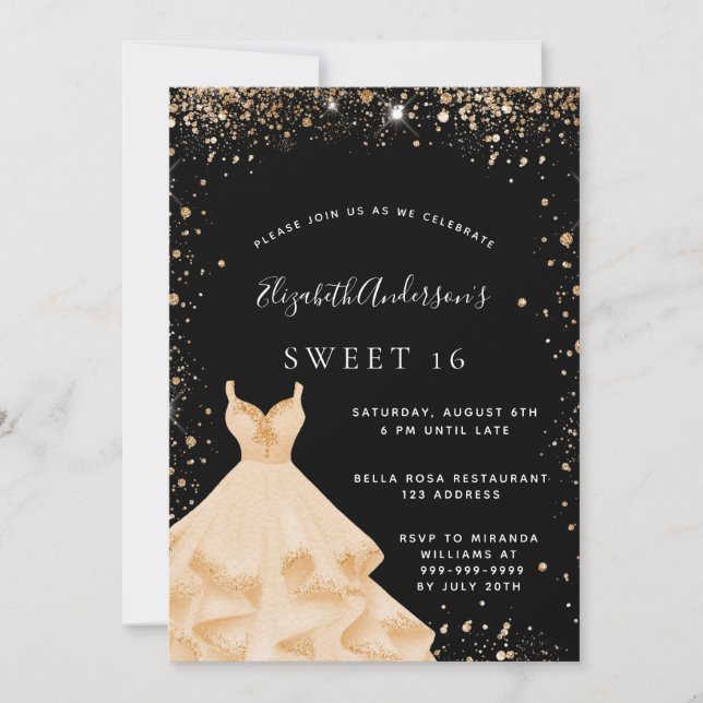Sweet 16 party black gold glitter dress invitation (Front)