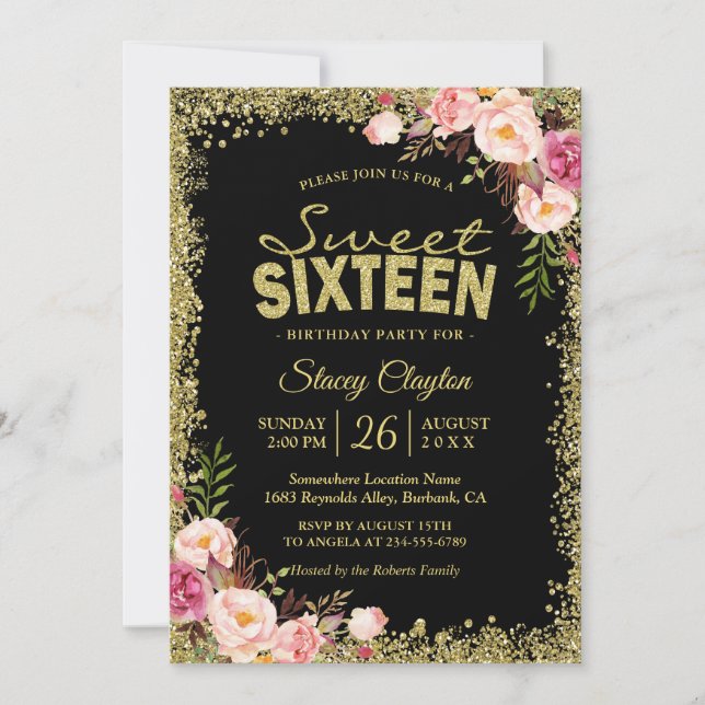 Sweet 16 Party - Black Gold Glitters Pink Floral Invitation (Front)