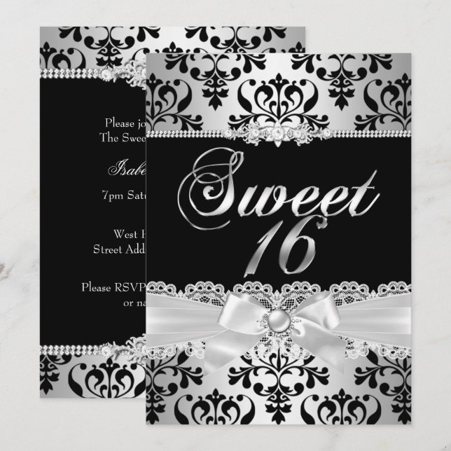 Sweet 16 Party Black Silver Damask Pearl Bow Invitation (Front/Back)