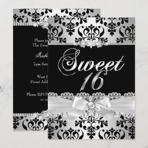 Sweet 16 Party Black Silver Damask Pearl Bow Invitation