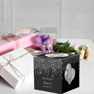Sweet 16 party black silver glitter balloons favour box