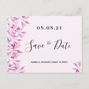 Sweet 16 party blush pink florals save the date postcard