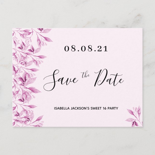 Sweet 16 party blush pink florals save the date postcard (Front)
