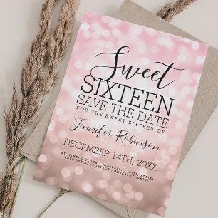 Sweet 16 Party Blush Pink Glitter Lights Save The Date