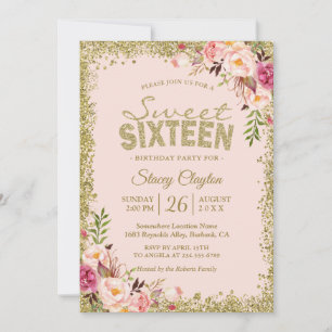 Sweet 16 Party - Blush Pink Gold Glitters Floral Invitation