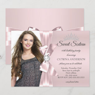 Sweet 16 Party blush Pink Photo Diamond Bow Tiara Invitation