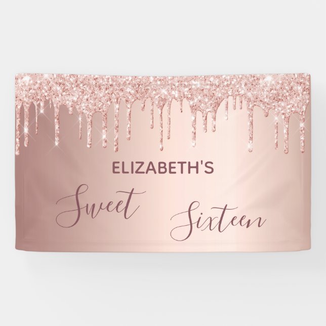 Sweet 16 party blush rose gold glitter drips banner (Horizontal)