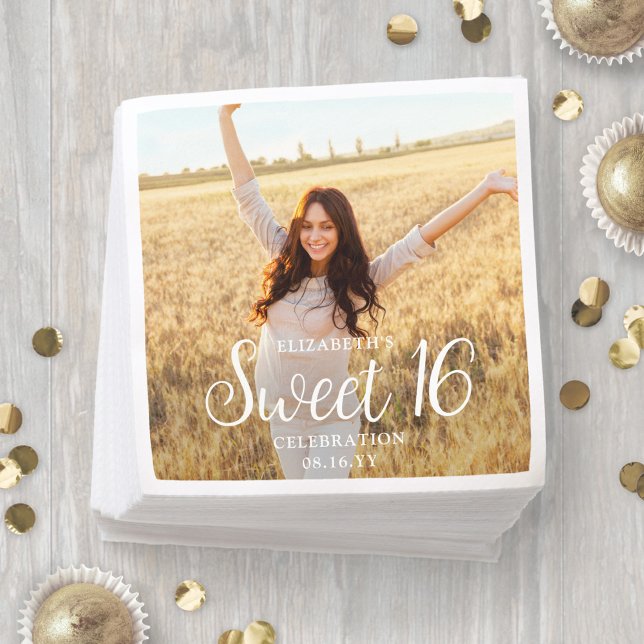 Sweet 16 Party Chic Trendy Script & Photo Modern Napkin (Creator Uploaded)