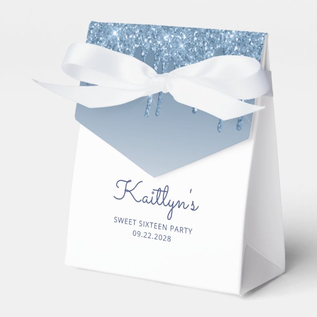 Sweet 16 Party Elegant Blue Glitter Drip Script Favour Box (Front Side)