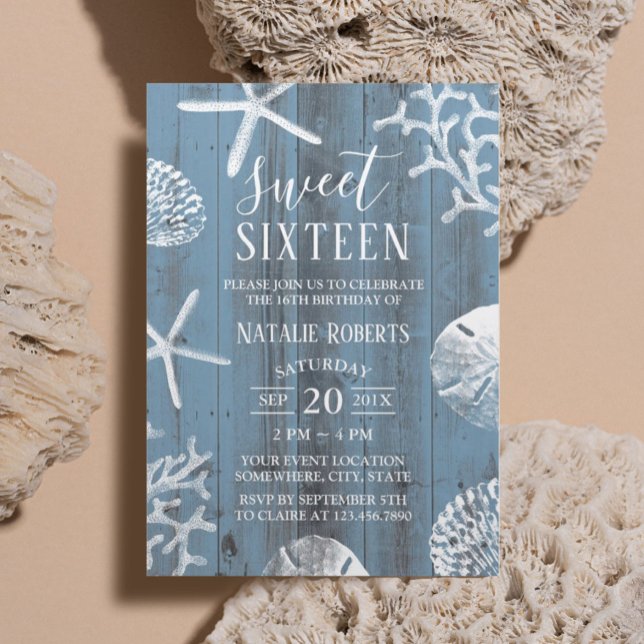 Sweet 16 Party Elegant Dusty Blue Beach Starfish Invitation (Creator Uploaded)