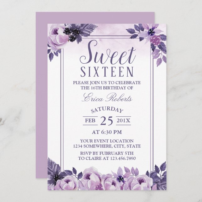 Sweet 16 Party Elegant Watercolor Purple Floral Invitation (Front/Back)