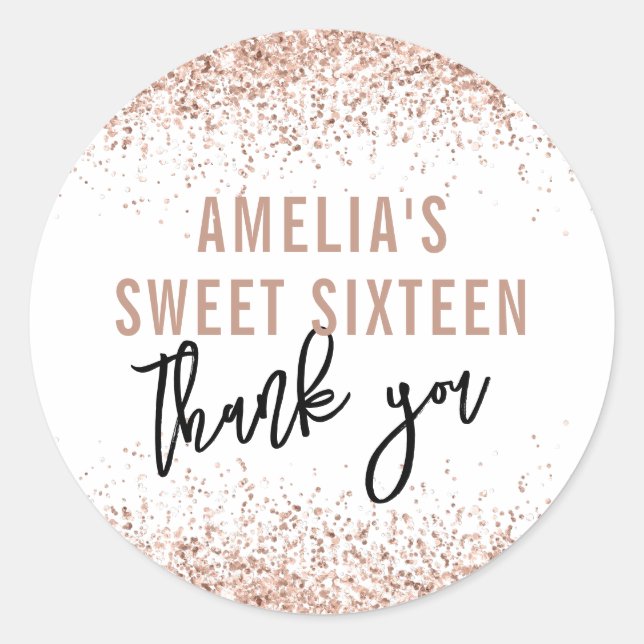 Sweet 16 Party Favour Sticker Rose Gold Glitter  (Front)