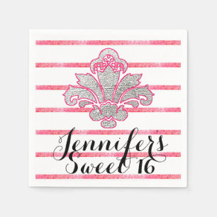 Sweet 16 Party Fx Silver Damask Pink Paper Napkins
