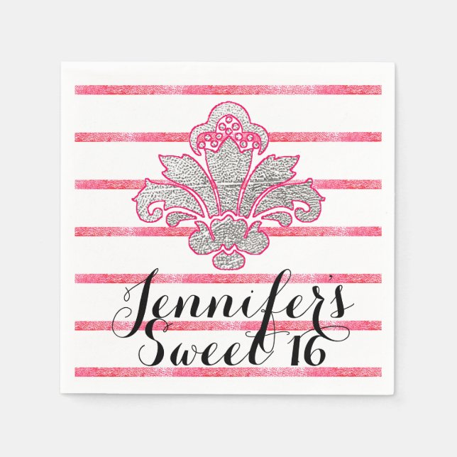 Sweet 16 Party Fx Silver Damask Pink Paper Napkins (Front)