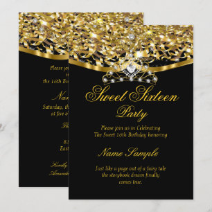 Sweet 16 Party Glitter Gold Black Invitation