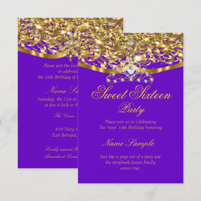 Sweet 16 Party Glitter Purple Gold Invitation (Front/Back)