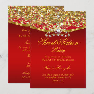 Sweet 16 Party Glitter Red Gold Invitation
