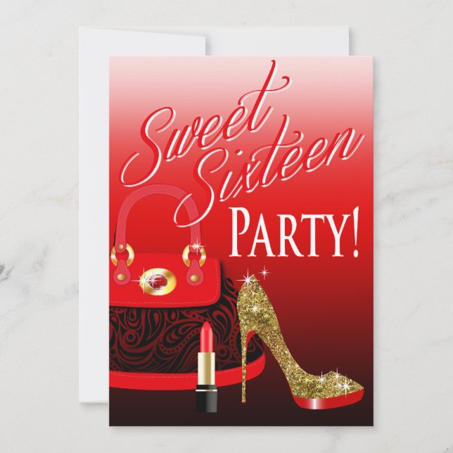 Sweet 16 Party Glitter Stiletto Purse & Lipstick Invitation (Front)