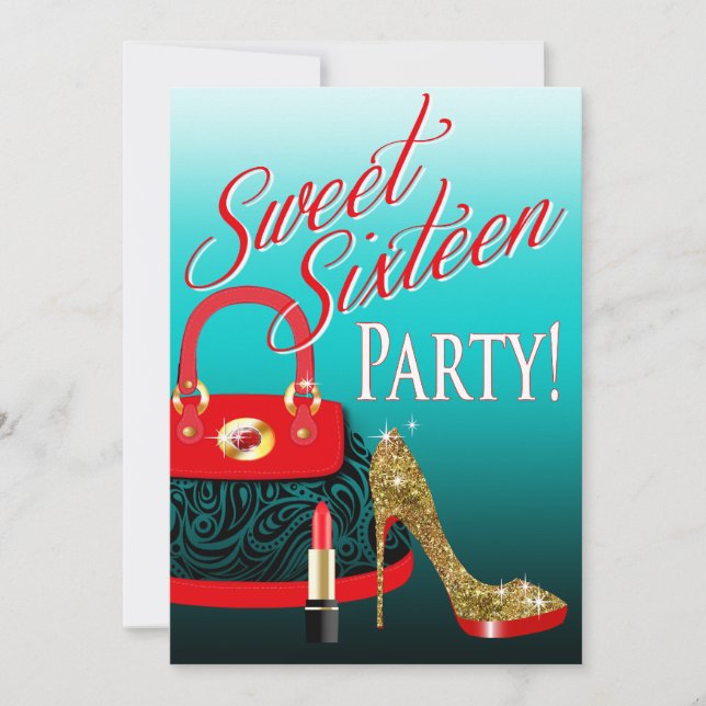 Sweet 16 Party Glitter Stiletto Purse & Lipstick Invitation (Front)