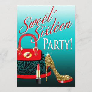 Sweet 16 Party Glitter Stiletto Purse & Lipstick Invitation