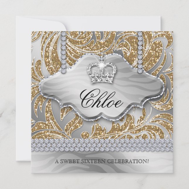 Sweet 16 Party Gold Crown Jewellery Leaves Invitation (Front)