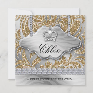 Sweet 16 Party Gold Crown Jewellery Leaves Invitation